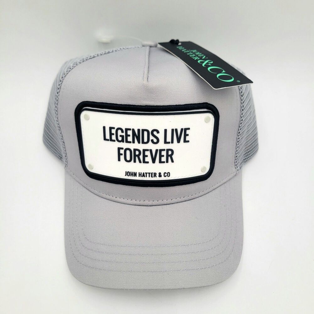 John Hatter & Co LEGENDS LIVE FOREVER Light Gray Trucker Hat Rubber Plaque NWT